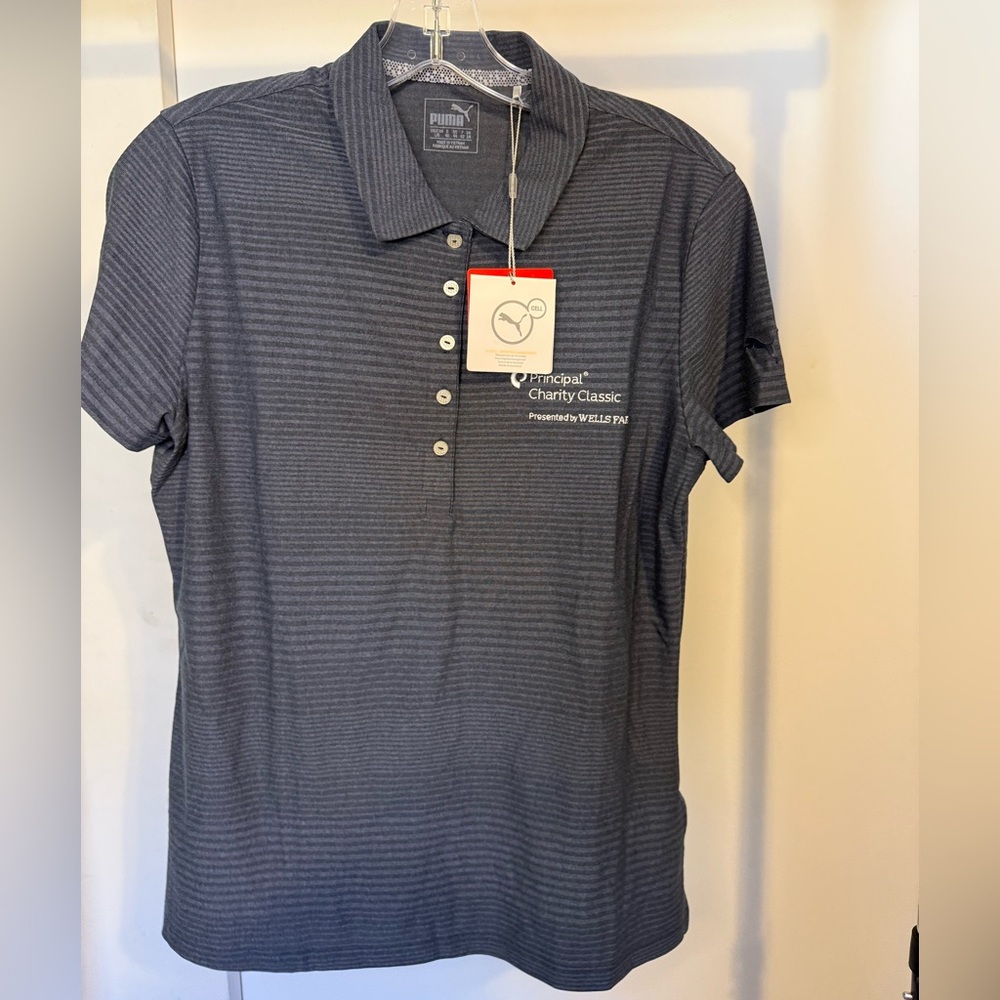 NWT Puma Women’s Golf Polo Dry Cell Navy Blue Striped Size Large Principal Logo